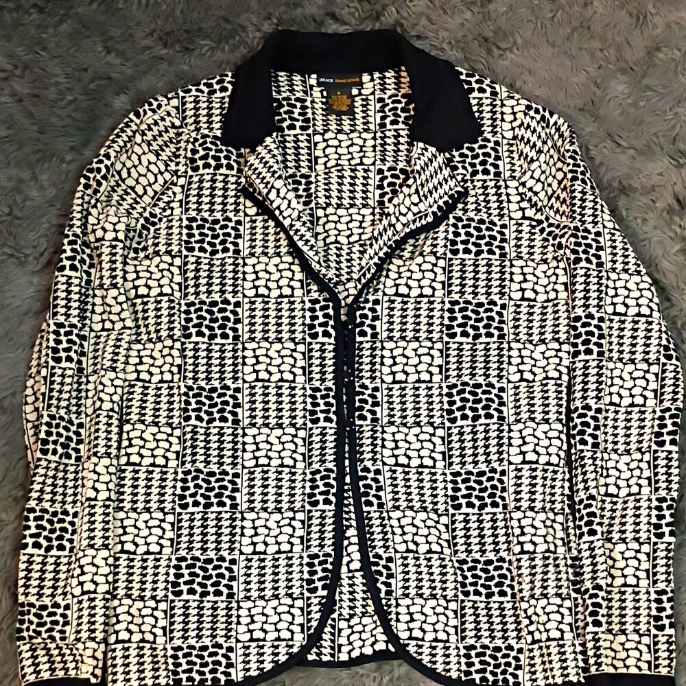 Grace Dane Lewis Women's Black White Geometric Collared Long Sleeve Jacket M
